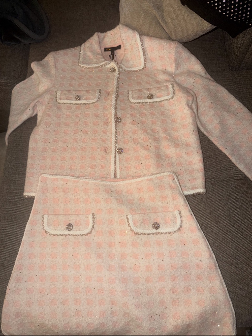 Maje Pink & Cream Tweed Jacket and Skirt Set